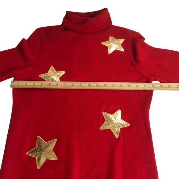 Cashmere  Sweater Womens Medium Red Turtleneck Gold Sequin Stars Celestial - Picture 14 of 16